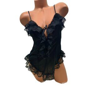 VTG Lace Ruffle Lingerie Teddy Slip Top Sheer Back Nylon Mesh S/M
